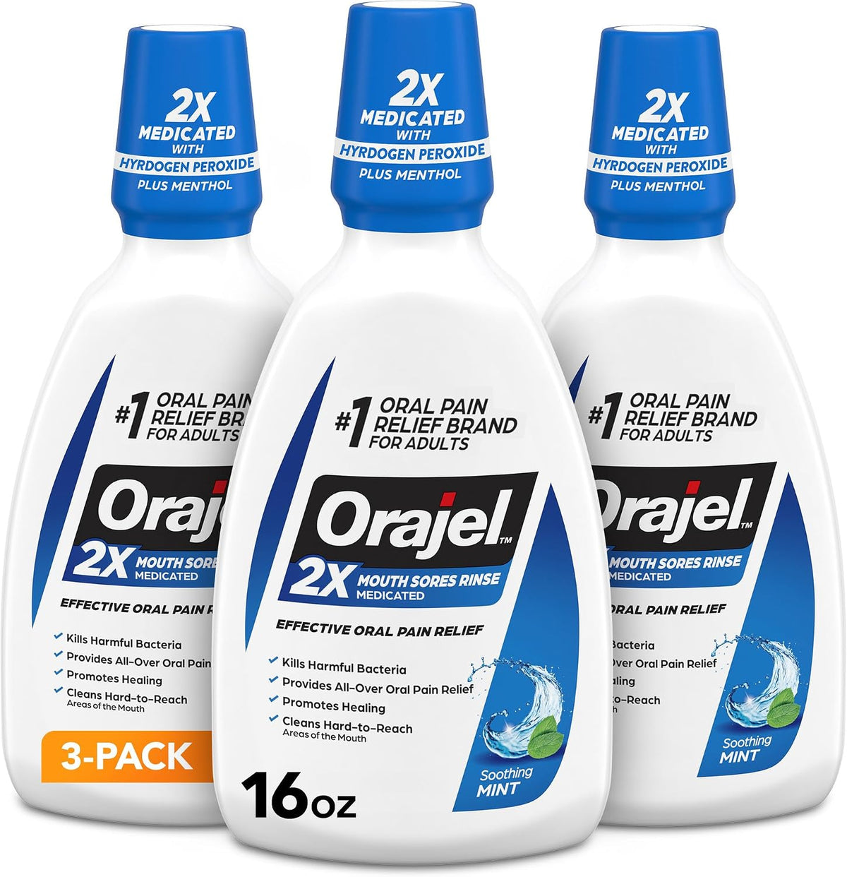 Orajel Mouth Sore Medicated Rinse for Oral Pain Relief, Mint, 16 Oz, 3-Pack