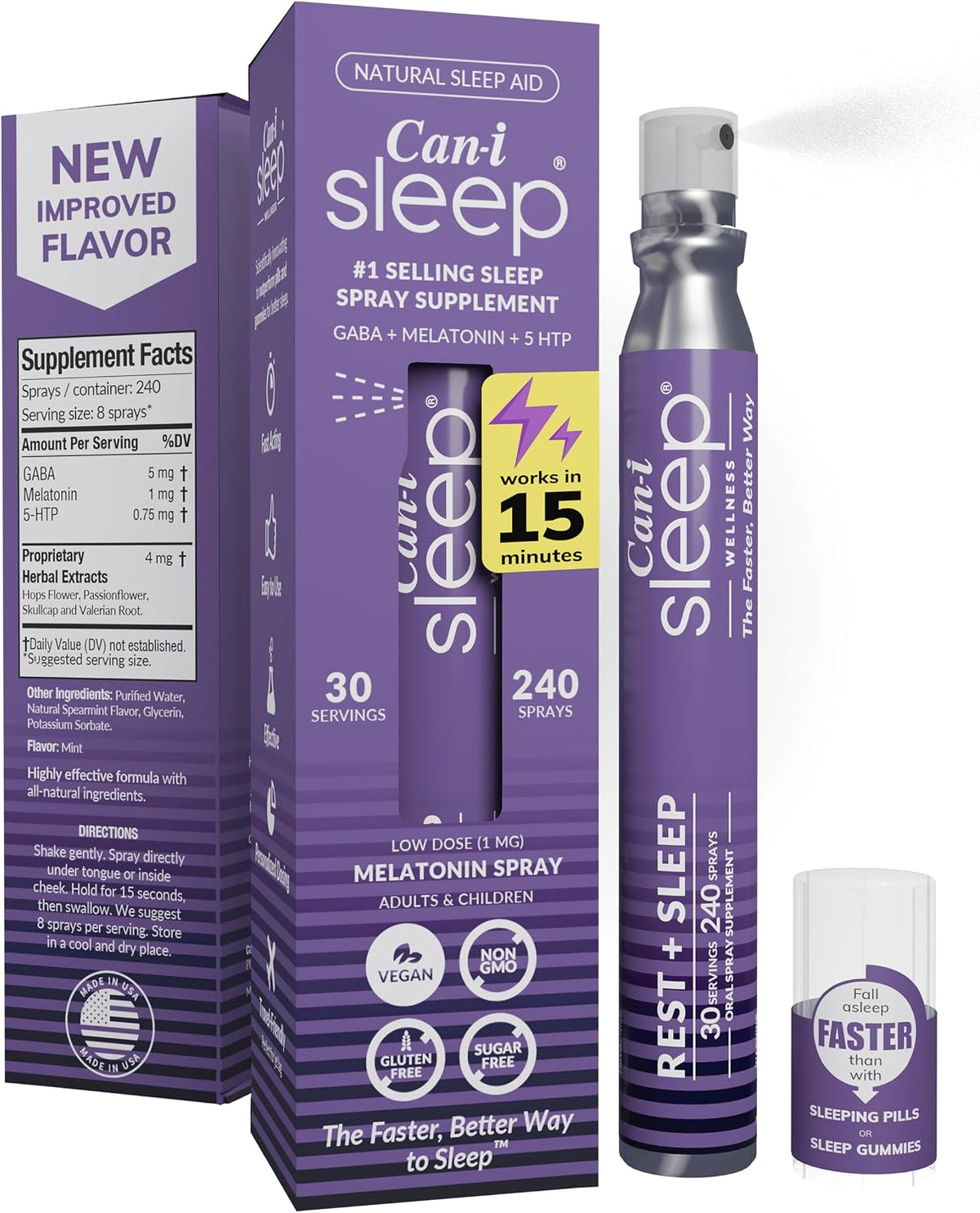 Fast-Acting Natural Sleep Aid Spray with Melatonin 1 mg, GABA, & 5HTP