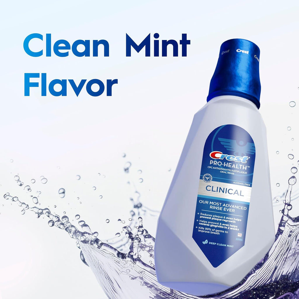 Crest Pro-Health Clinical Mouthwash with CPC, Alcohol Free, Gingivitis Treatment, Deep Clean Mint, 473 Ml (16 fl oz), 4 Count