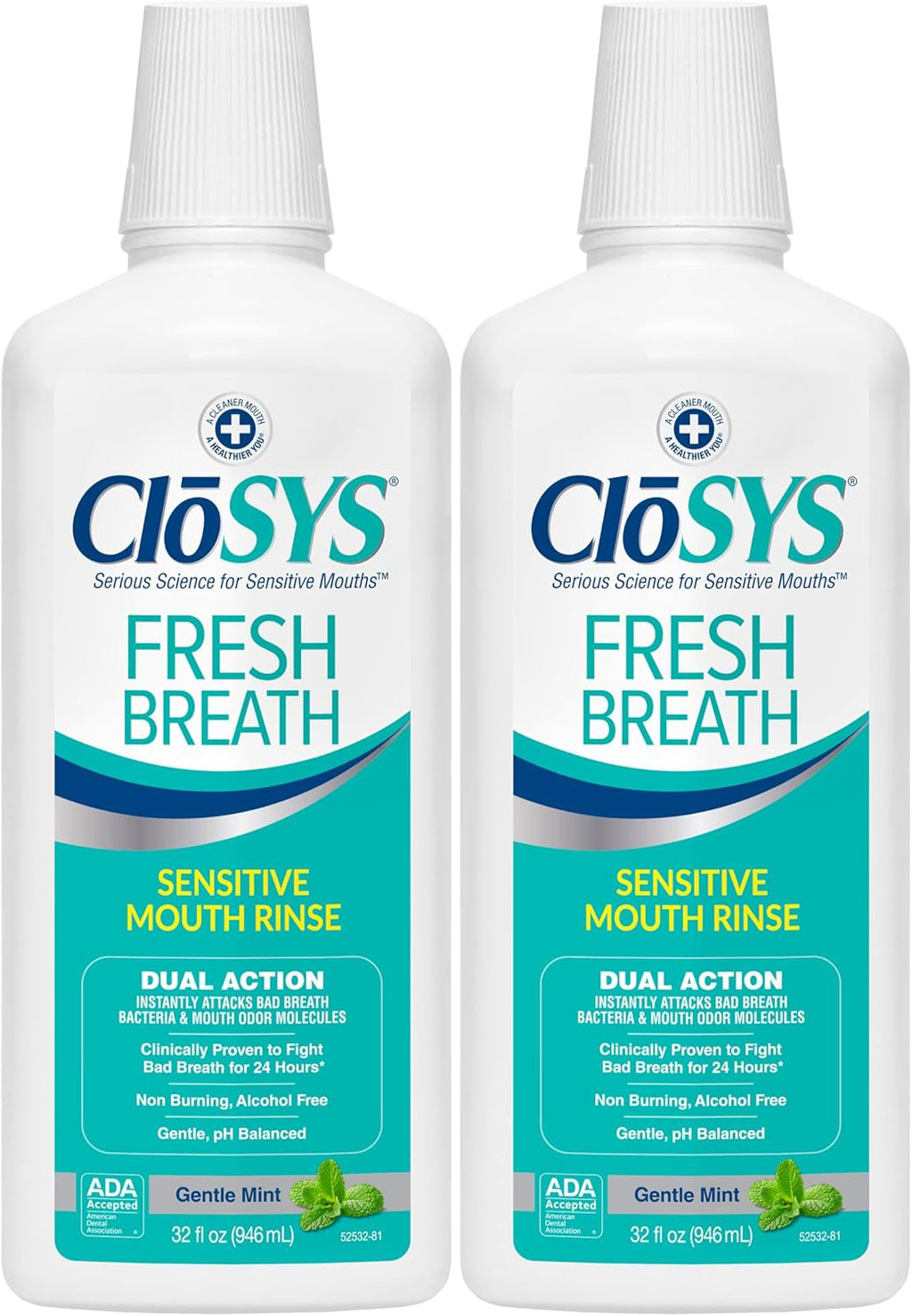 CloSYS Mouthwash, 32 Ounce, Fresh Breath Mouthwash, 2 Pack, Gentle Mint