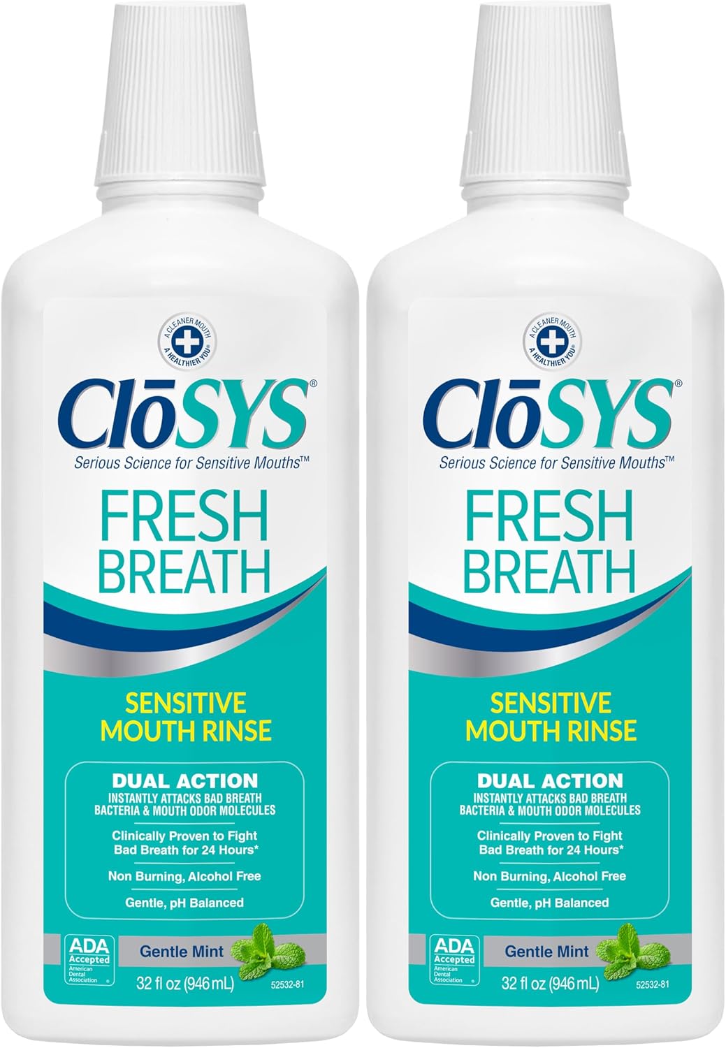 CloSYS Mouthwash, 32 Ounce, Fresh Breath Mouthwash, 2 Pack, Gentle Mint