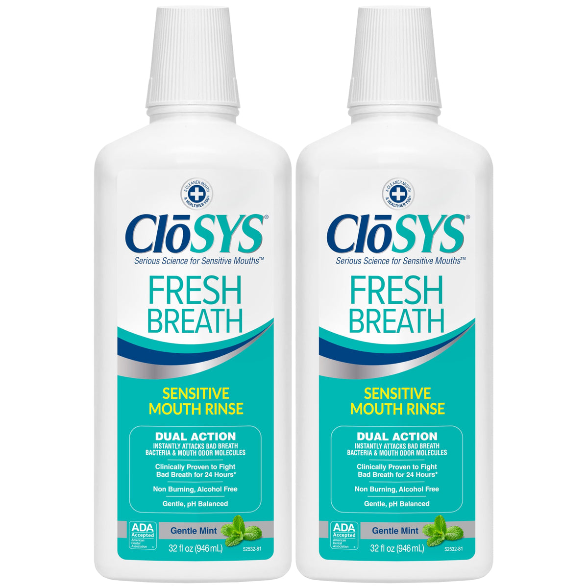 CloSYS Mouthwash, 32 Ounce, Fresh Breath Mouthwash, 2 Pack, Gentle Mint