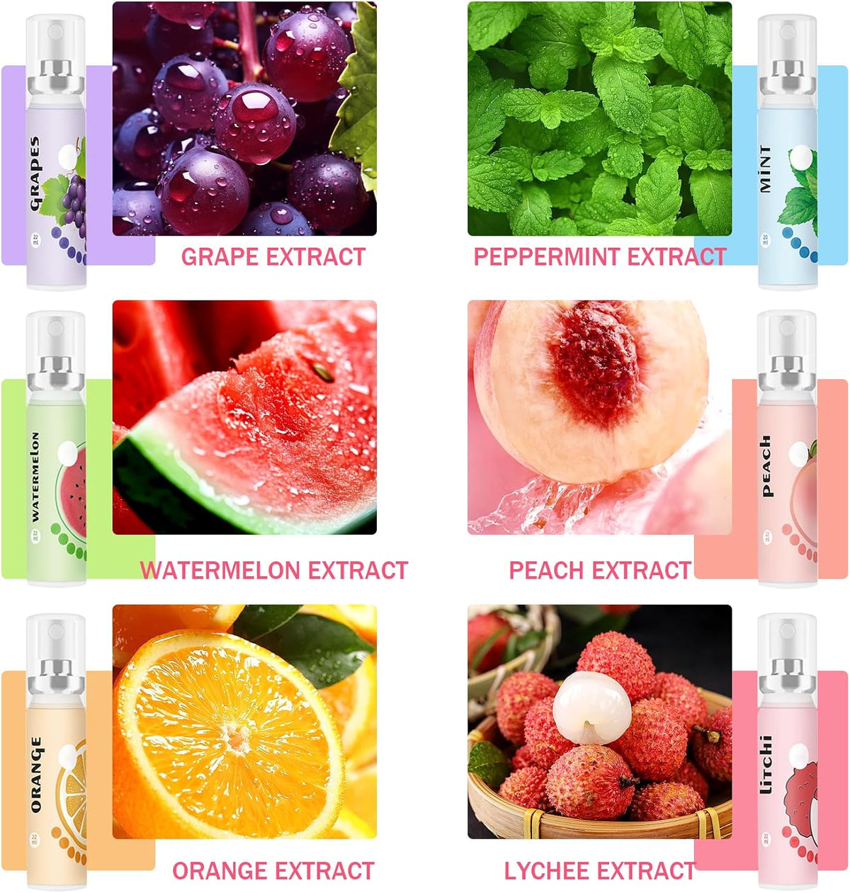 6PCS Fresh Breath Spray,Fruity Flavour Mouth Spray Freshener Spray Set for Mouth,Peaches,Oranges,Watermelon,Grapes,Lychee