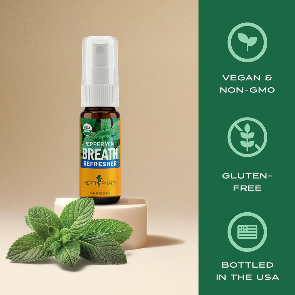 Herb Pharm Breath Refresher Certified Organic Herbal Fresh Breath Spray, Peppermint, Sugar-Free, Gluten-Free and Non-GMO