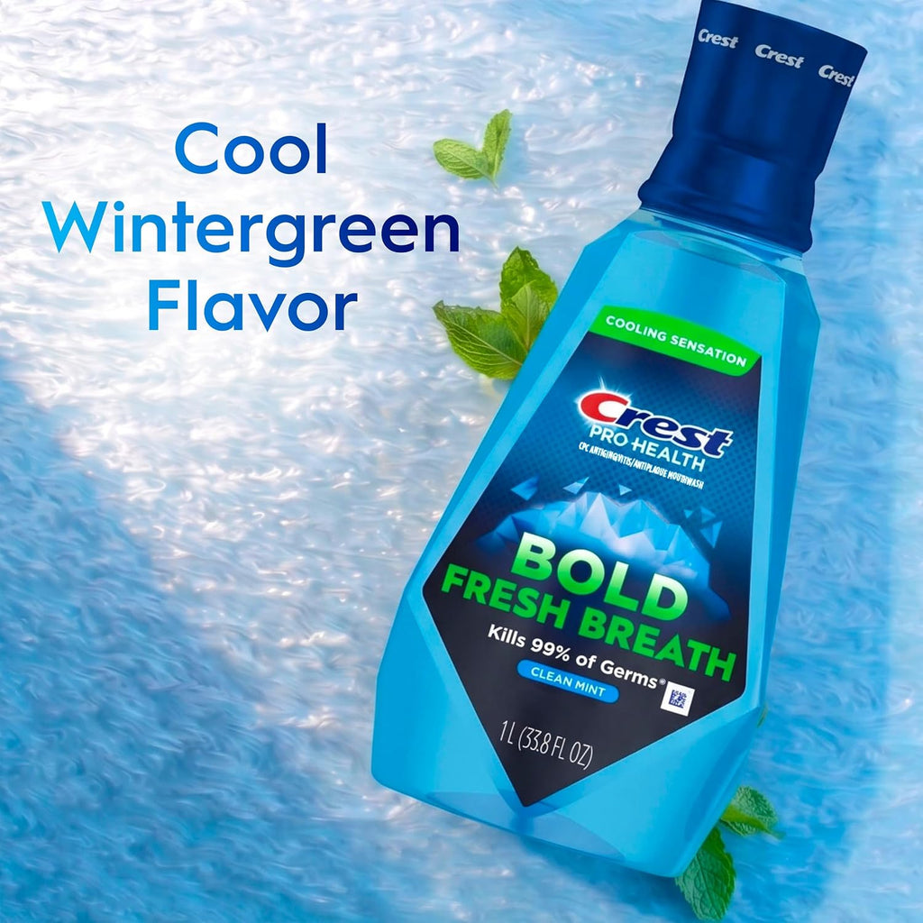 Crest Mouthwash Pro-Health Bold Fresh Breath, 99% Germ Kill, Antigingivitis & Antiplaque, Clean Mint - 1 L (33.8 fl oz), Pack of 2