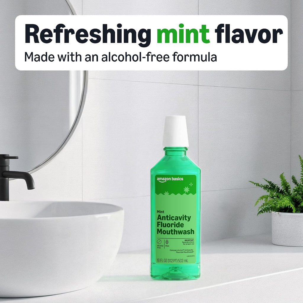 Amazon Basics Anticavity Fluoride Rinse, Alcohol-Free, Mint, 18 ounce (Pack of 4), Packaging May Vary
