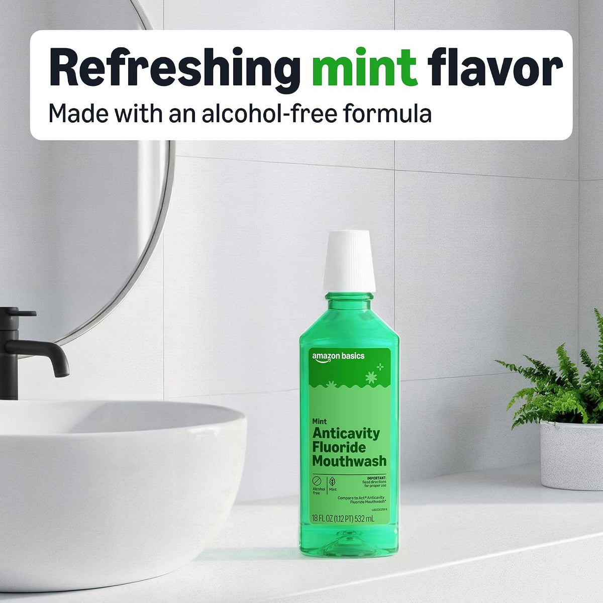 Amazon Basics Anticavity Fluoride Rinse, Alcohol-Free, Mint, 18 ounce (Pack of 4), Packaging May Vary