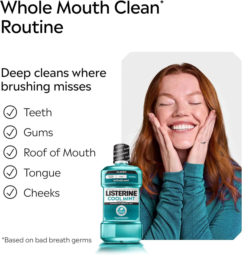 Listerine Cool Mint Antiseptic Mouthwash, Intense Mint, 33.8 fl. oz/1L x 2