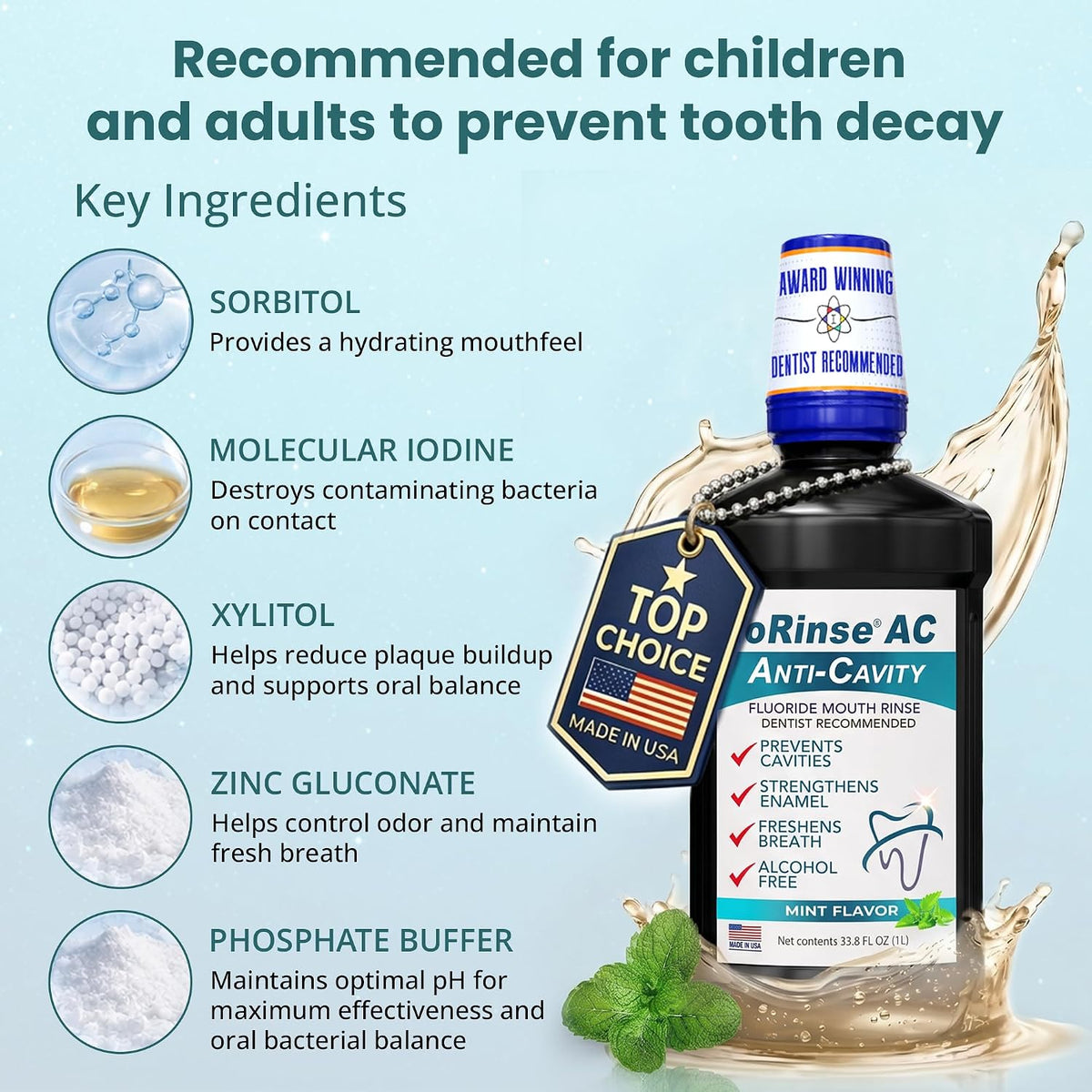 ioRinse AC Anticavity Fluoride Mouthwash with Molecular Iodine, 33.8 oz