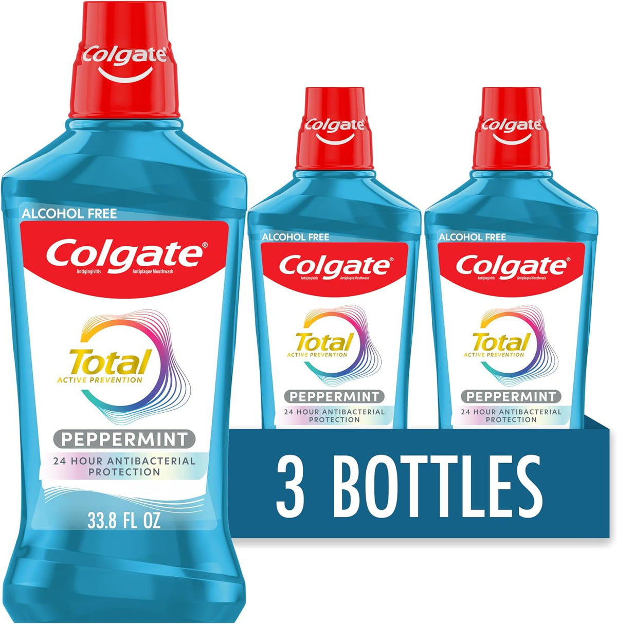 Colgate Total Alcohol Free Mouthwash, Peppermint, 3 Pack, 33.8 fl oz