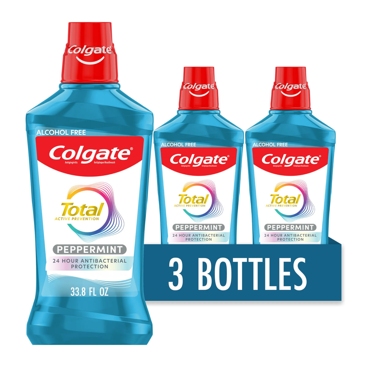 Colgate Total Alcohol Free Mouthwash, Peppermint, 3 Pack, 33.8 fl oz