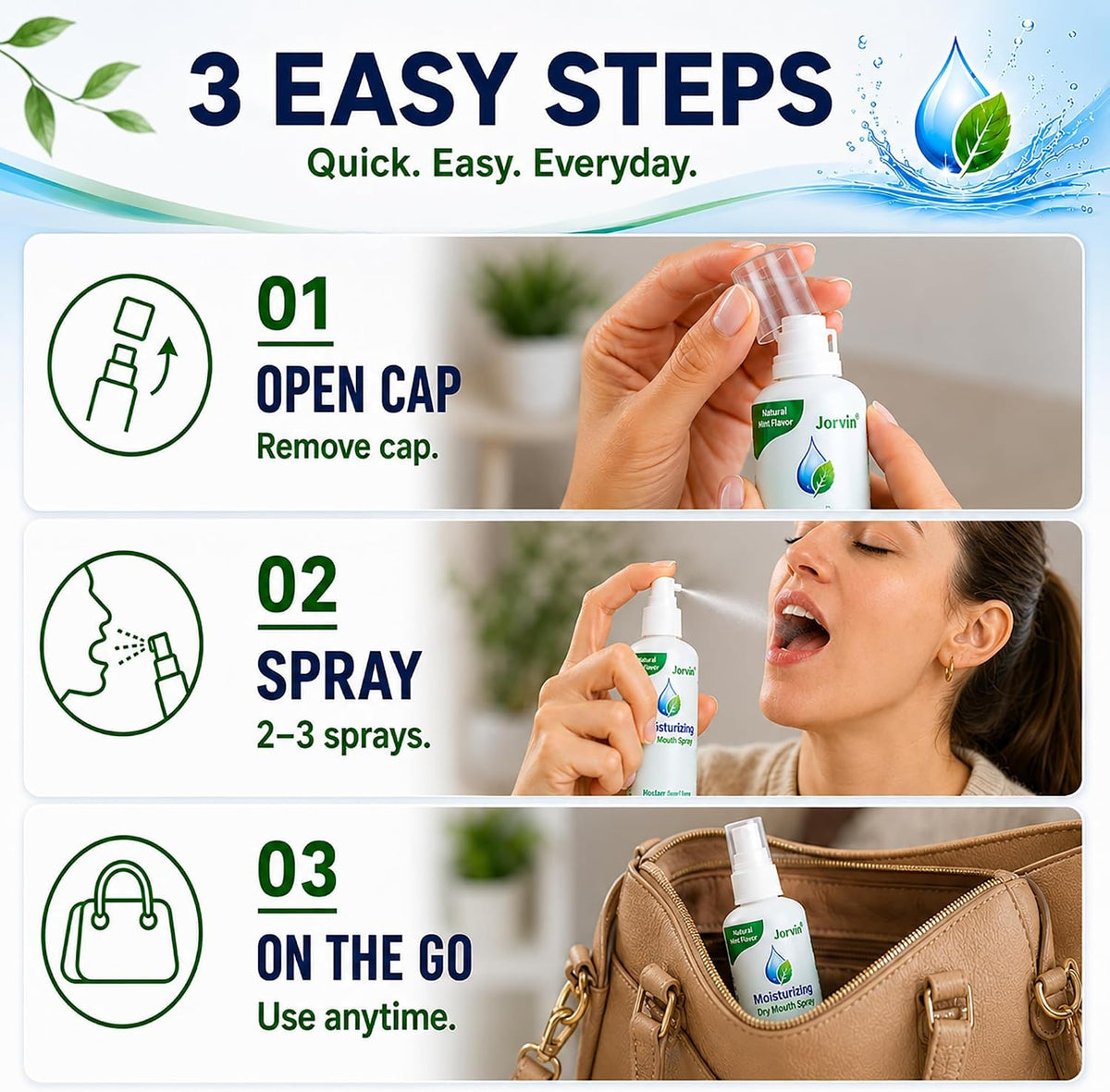 Dry Mouth Spray, Oral Moisturizing Spray for Dry Mouth Comfort, Alcohol Free & Sugar Free with Xylitol, Sodium Hyaluronate & Aloe, Natural Mint Fresh Breath Spray for Adults, 60ml