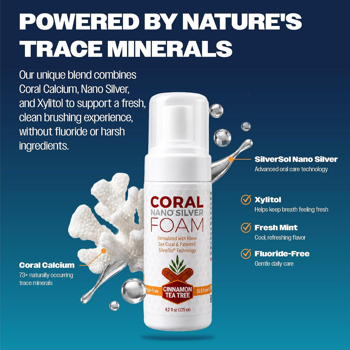 Fluoride Free Foam Toothpaste — Coral Calcium & Nano Silver Whitening Toothpaste for Sensitive Teeth, Xylitol Remineralizing, SLS & Glycerin Free, Made in USA, Cinnamon Tea Tree, 4 oz