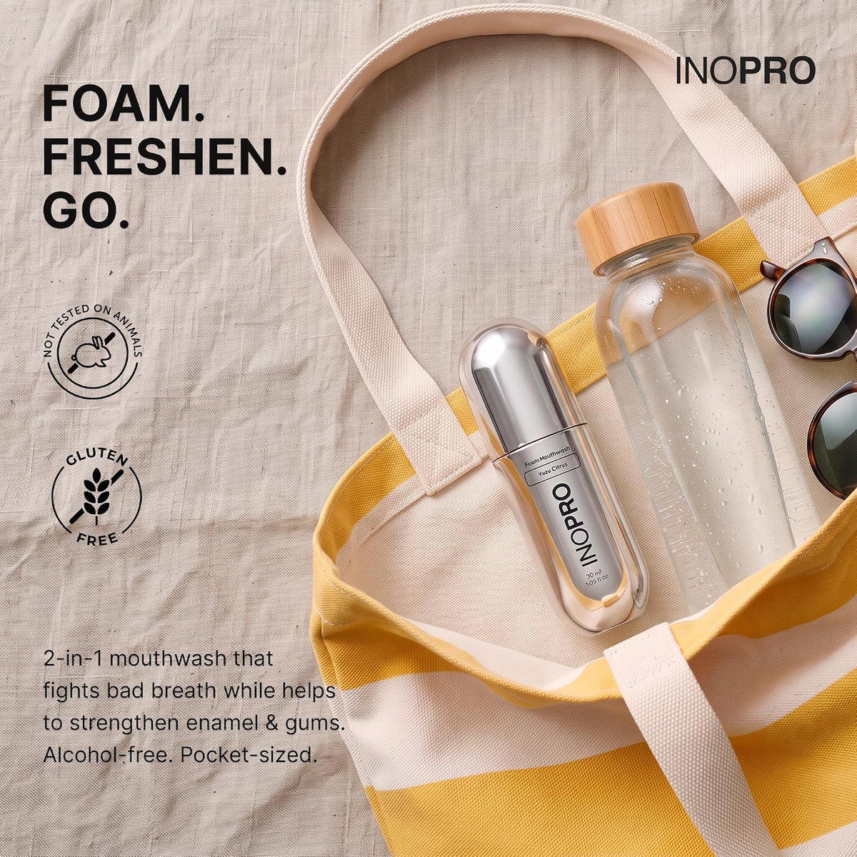 INOPRO Foam Mouthwash with Nano-Hydroxyapatite, Xylitol, Hyaluronic Acid, Vinamin C, Alcohol Free, Fluoride Free Oral Rinse Portable Travel Size - Yuzu Citrus, 2.03 fl oz