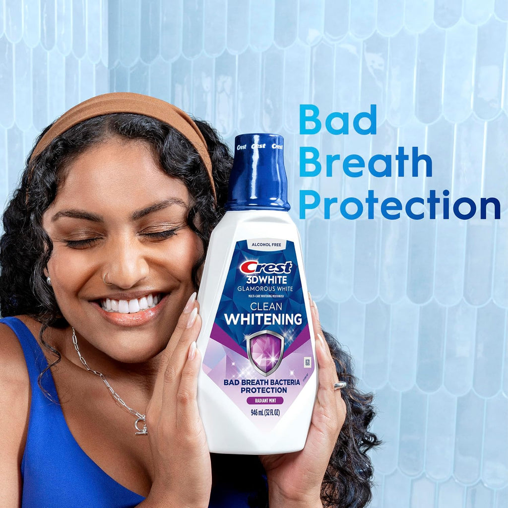 Crest 3D White Glamorous White Alcohol Free Multi-Care Whitening Mouthwash, Hydrogen Peroxide Mouthwash, Arctic Mint, 16 fl oz (473 mL) - Pack of 4, Crest Mouthwash